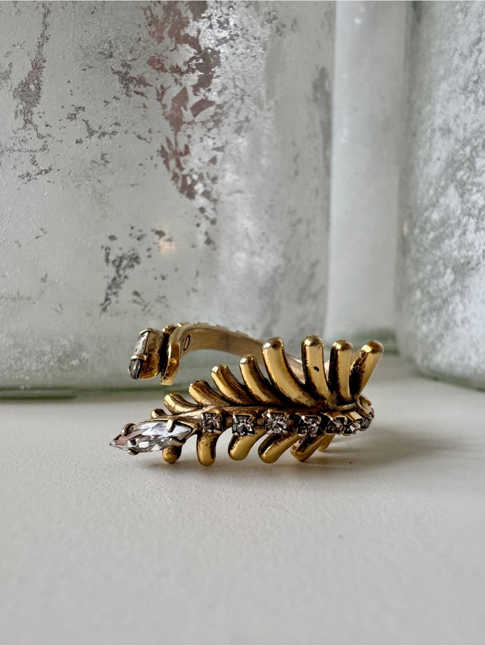 DYLANLEX Branch Out Ring — Antique Gold Crystal Leaf Cocktail Ring
